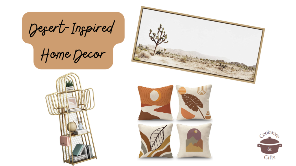 Featured desert-inspired home decor items including wall decor, pillows and a cactus-themed bookshelf