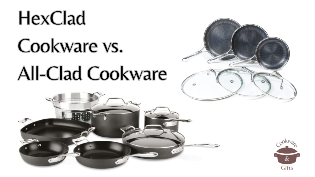 Text: HexClad Cookware vs. All-Clad Cookware Images: Set of All-Clad pots and pans on the left and a set of HexClad pans on the right
