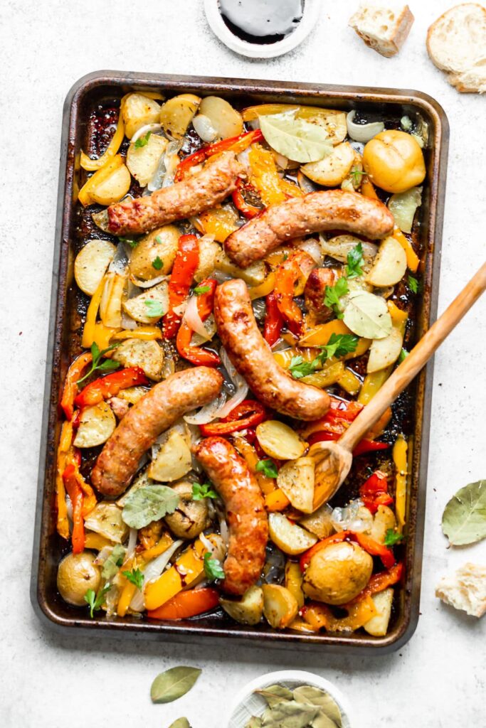Sheet Pan Sausage Peppers and Onions